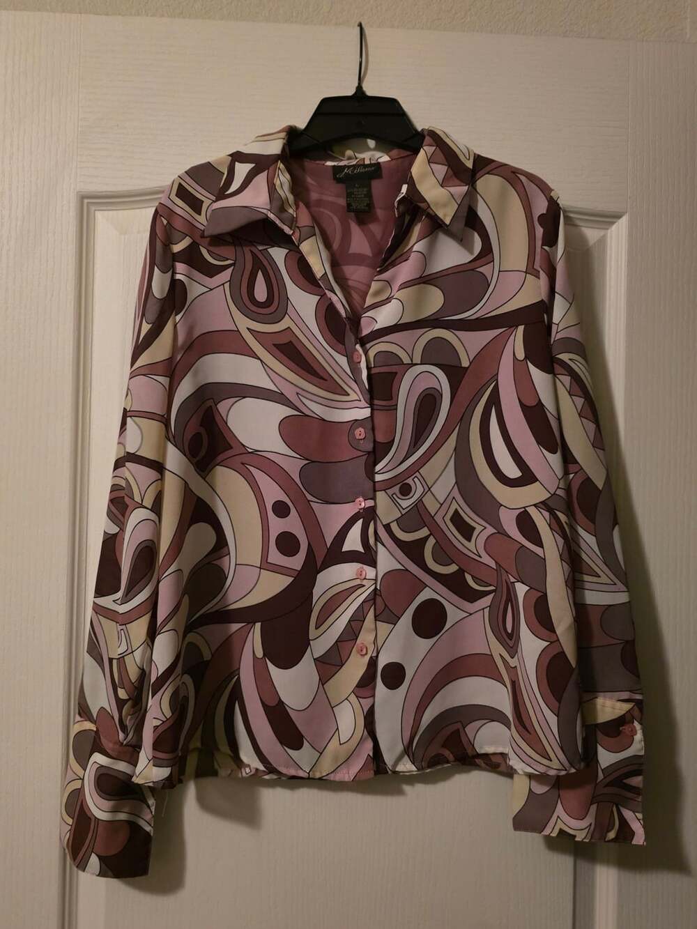 Milano Pink Brown Abstract Retro Print Long Sleeve Button-Up Blouse Size L